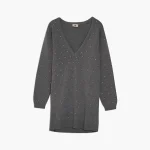 Maglione lungo con applicazioni di strass grigio