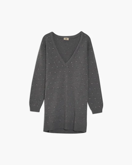 Maglione lungo con applicazioni di strass grigio
