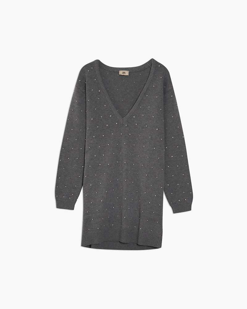 449 Maglione lungo con applicazioni di strass grigio