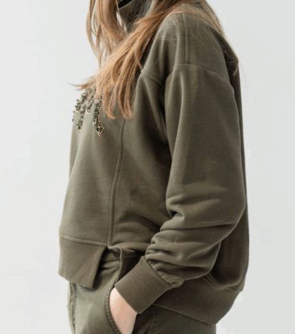 Felpa dritta con applicazioni verde militare