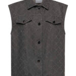 Gilet in denim con motivo a rombi e strass grigio