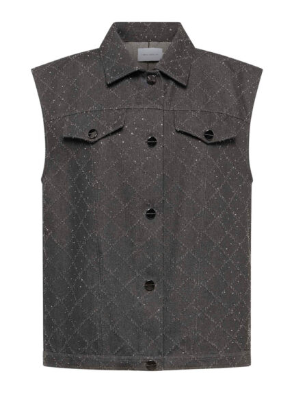 Gilet in denim con motivo a rombi e strass grigio