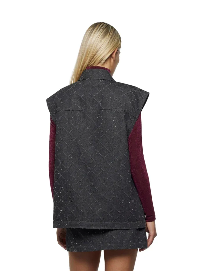 Gilet in denim con motivo a rombi e strass grigio