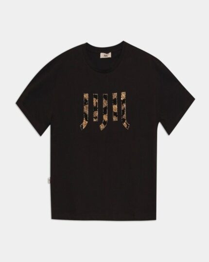 T-shirt in cotone con scritta con applicazioni nero