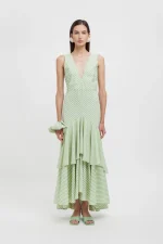 Weili Zheng Maxi abito con balze colore GREEN STRIPE