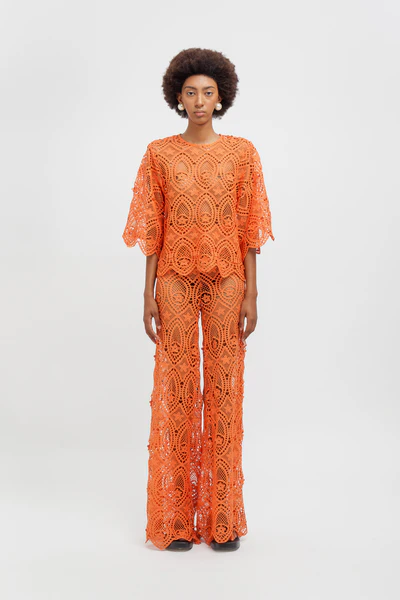Weili Zheng Pantapalazzo in pizzo macrame' colore arancio