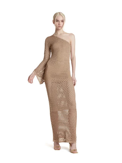 Simona Corsellini Abito lungo monospalla color beige gold