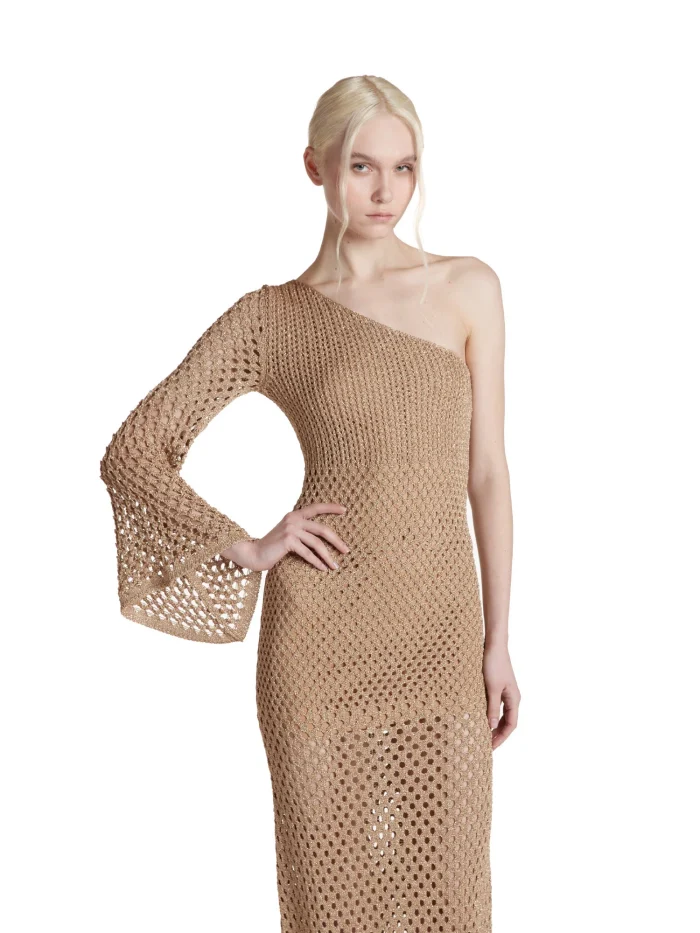 Simona Corsellini Abito lungo monospalla color beige gold