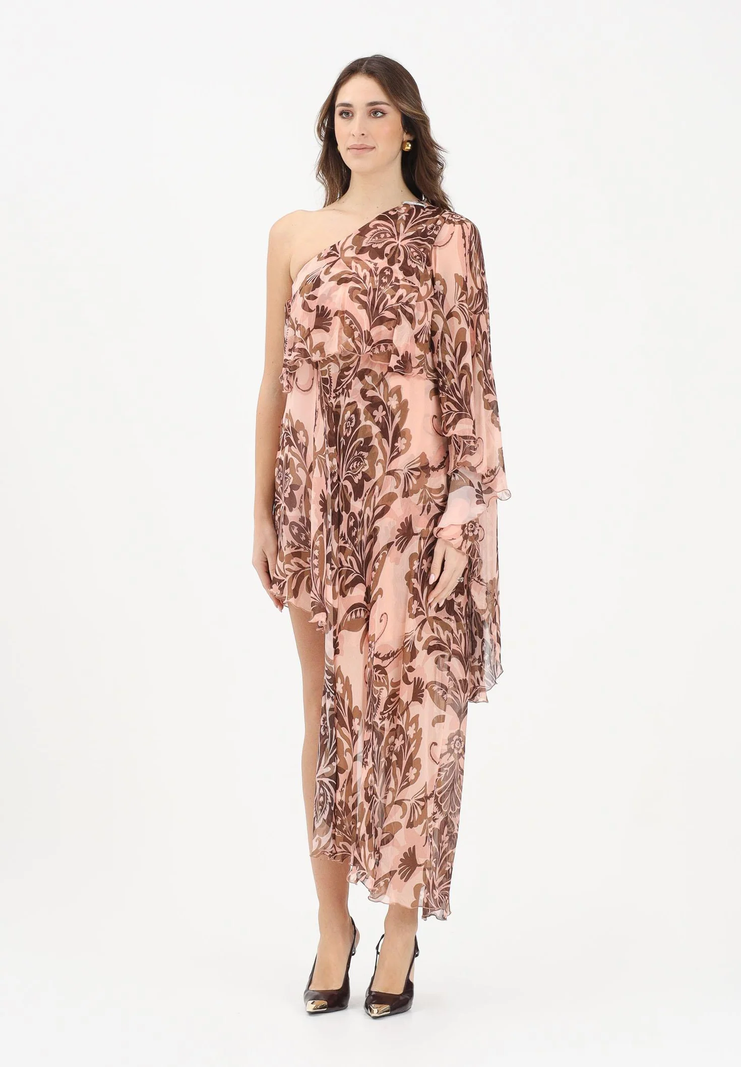 11835 Simona Corsellini Abito asimmetrico rosa da donna con fantasia floreale