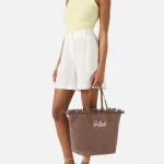 Borsa City regular in canvas marrone con frange