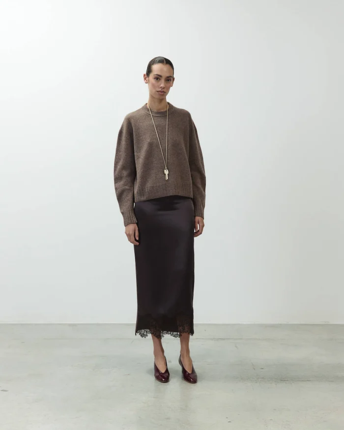 GONNA MIDI SATIN E PIZZO CACAO